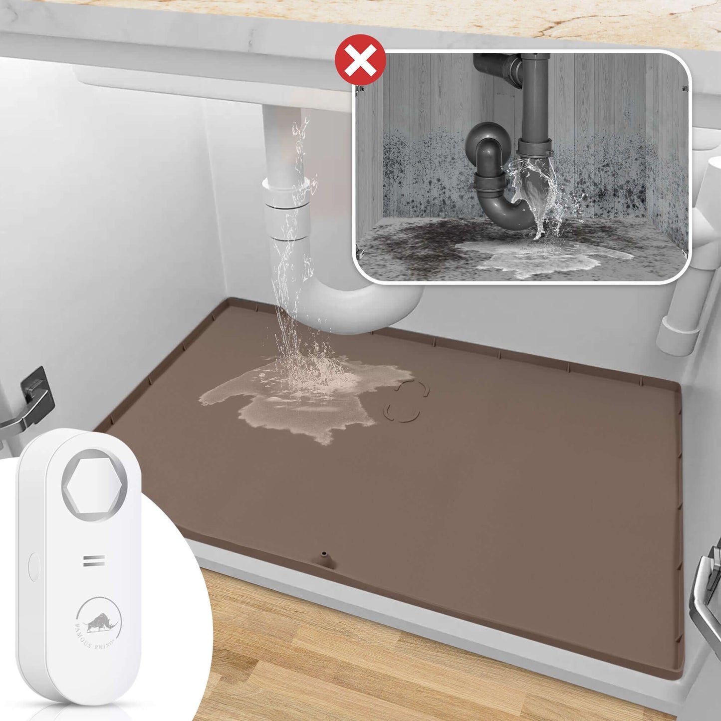 Waterproof Under Sink Mat + Leak detector, Kitchen Cabinet Shelf Protector, Under Kitchen Sink Drip Tray Liner with Drain Hole 34" x 22"