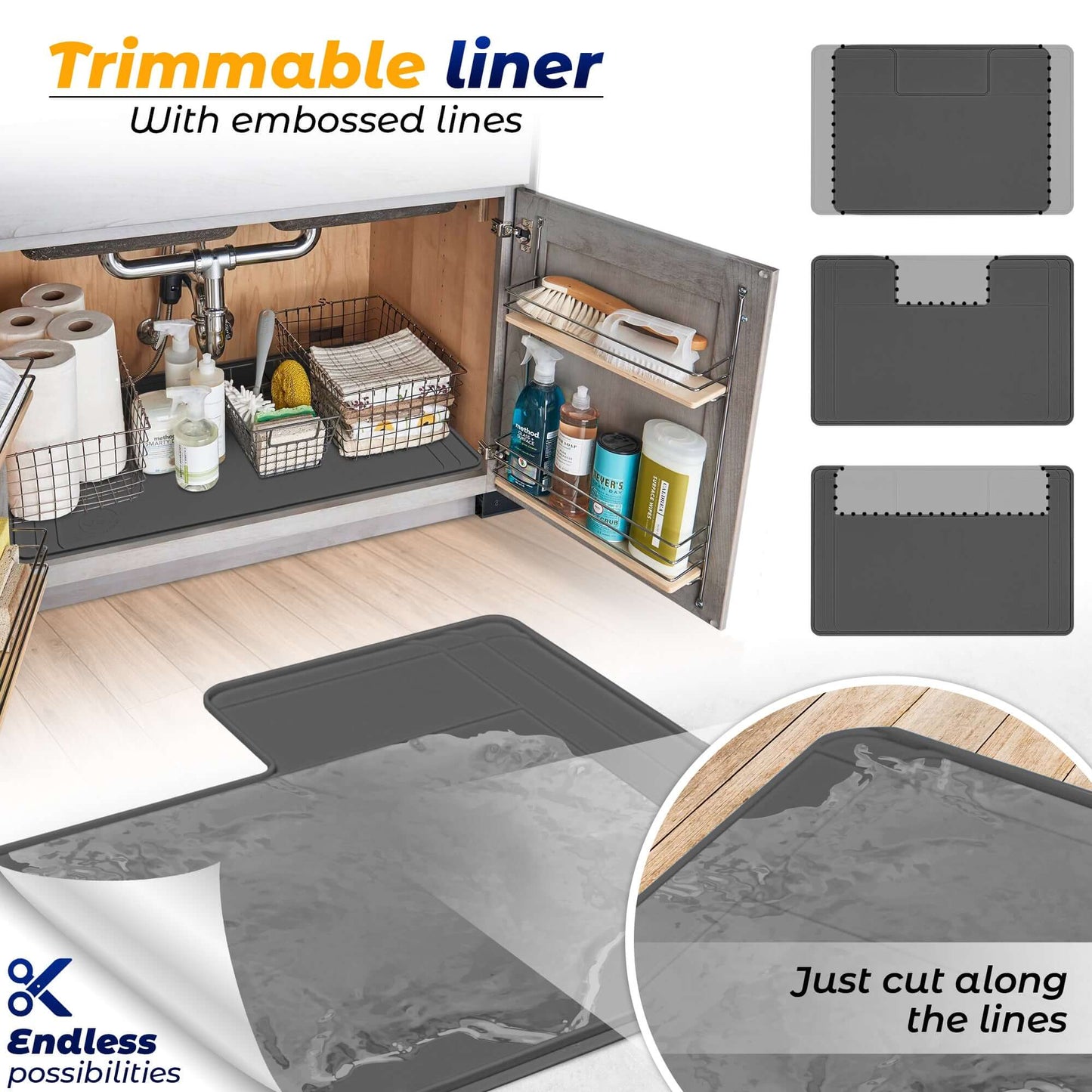 The Original Under Sink Mat - Silicone Waterproof mat, Adjustable, Kitchen cabinet liner - 34" x 22" or smaller