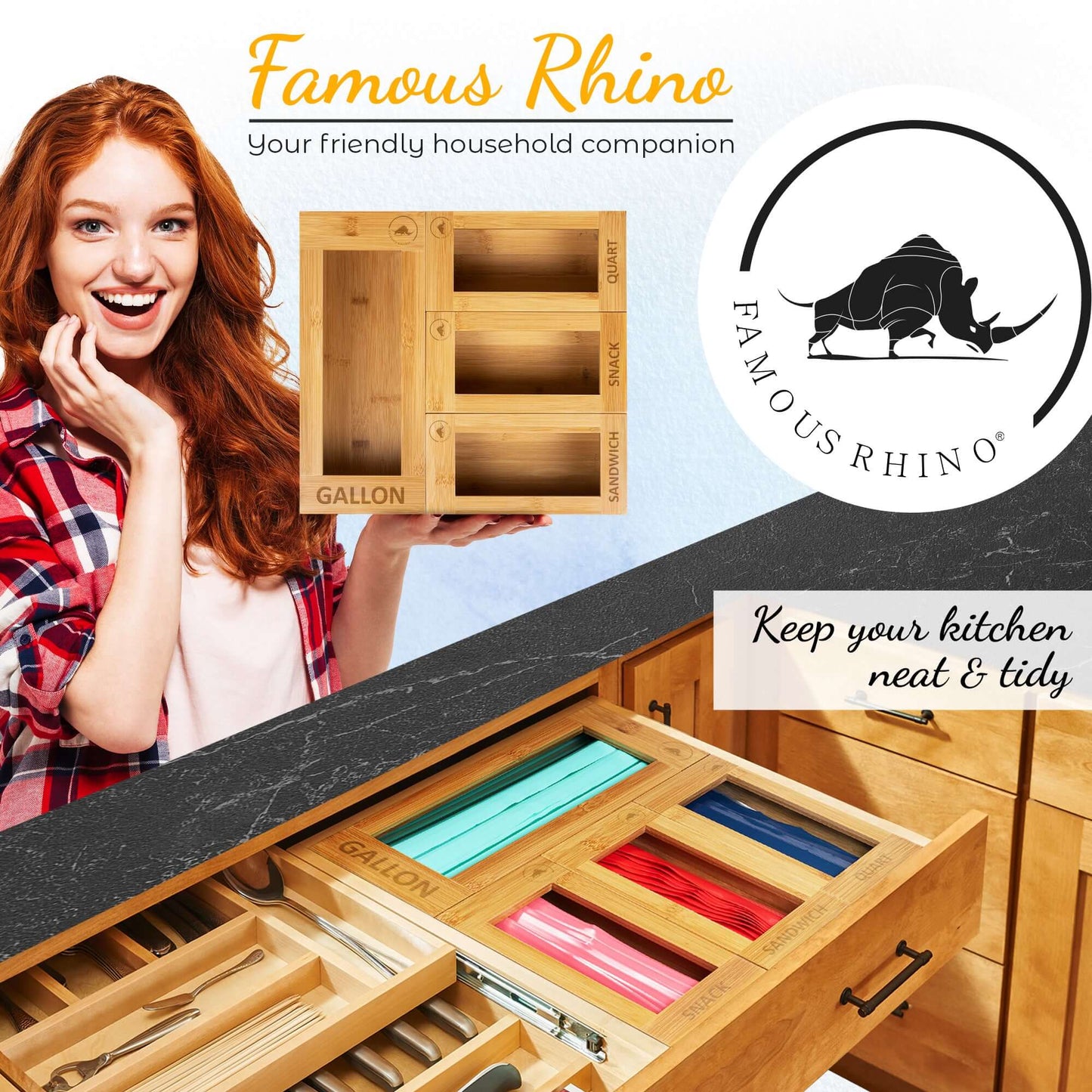 Ziploc Bag Organizer Gift Set - Ziplock Bamboo Kitchen Food Storage Bags Holder + Bamboo Cellphone Stand Holder