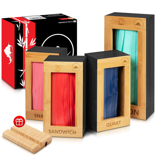 Ziploc Bag Organizer Gift Set - Ziplock Bamboo Kitchen Food Storage Bags Holder + Bamboo Cellphone Stand Holder